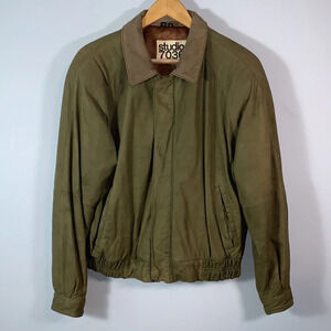 Studio 7036 monet olive green leather bomber jacket insulated brown trim